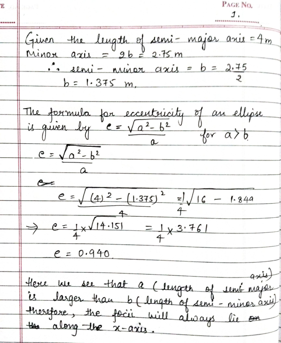 ГЕ PAGE NO. 1. Given the semi- Minor axis gb = 2.75 m semi- minor axis b = 1.375 m, b = 2,75 २ eccentricity of an ellipse The