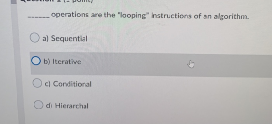operations are the looping instructions of an algorithm. a) Sequential b) Iterative c) Conditional d) Hierarchal