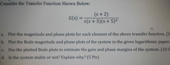 Consider the Transfer Function Shown Below: G(S) = (s +2) s(s + 3)(s + 5)2 a. Plot the magnitude and phase plots for each ele