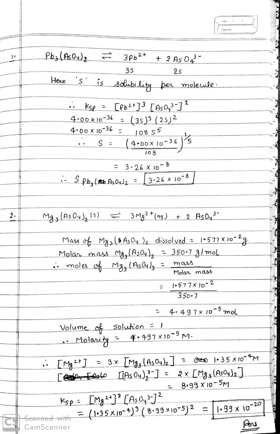 Dali 1 Page No Pba (AsOy), = 3Pb2+ + 2 As Odde 35 25 solubility per molecule. Here s is • ksp = [Pb2+33 [ As ,3-3? 4.00 x 10
