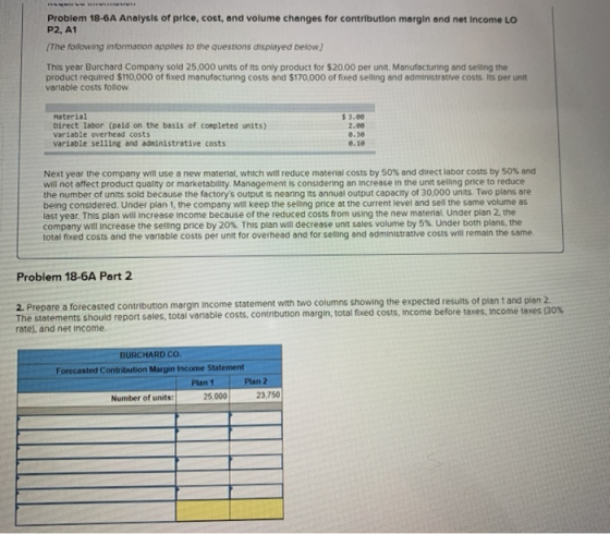 Problem 18-6A Analysis of price, cost, and volume changes for contribution margin and net Income Lo P2, A1 (The following inf
