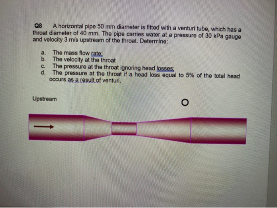 Q8 A horizontal pipe 50 mm diameter is fitted with a venturi tube, which has a throat diameter of 40 mm. The pipe carries wat