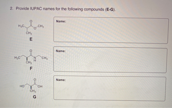 2. Provide IUPAC names for the following compounds (E-G). Name: НАС. eo CH3 CH3 E i Name: Н4С CH3 N H CH3 F o Name: HO OH CH