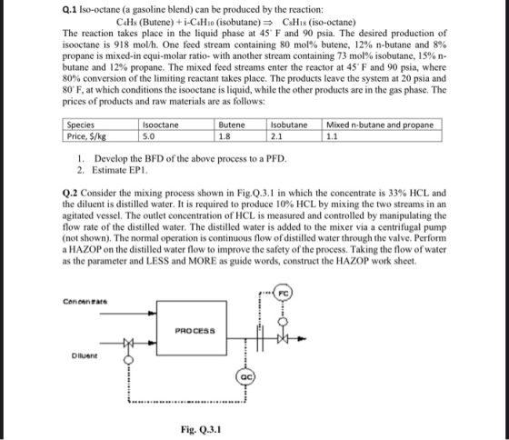 Q.1 Iso-octane (a gasoline blend) can be produced by the reaction: C4H8 (Butene) + i-C4H10 (isobutane) > C&H18 (iso-octane) T