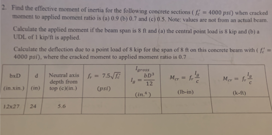 2. Find the effective moment of inertia for the following concrete sections (f. = 4000 psi) when cracked moment to applied mo