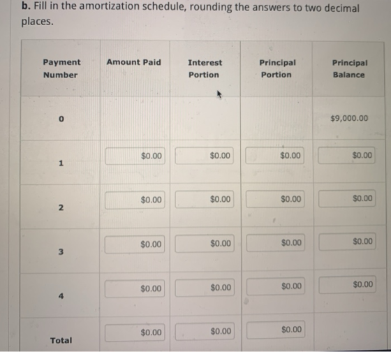 b. Fill in the amortization schedule, rounding the answers to two decimal places. Amount Paid Payment Number Interest Portion
