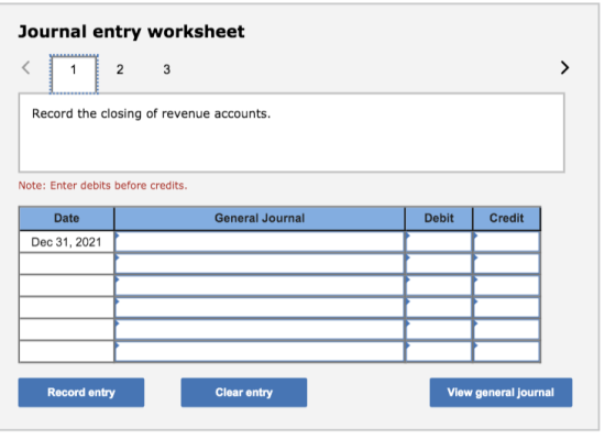 Journal entry worksheet < 1 2 3 > Record the closing of revenue accounts. Note: Enter debits before credits. General Journal