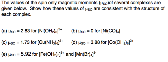 The values of the spin only magnetic moments (uso)of several complexes are given below. Show how these values of uso are cons