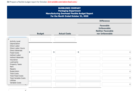 (b) Prepare a flexible budget report for October. (List variable costs before fixed costs.) BUMBLEBEE COMPANY Packaging Depar