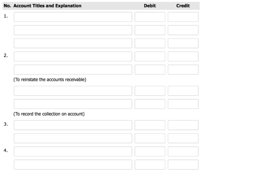 No. Account Titles and Explanation Debit Credit 1. 2. (To reinstate the accounts receivable) (To record the collection on acc