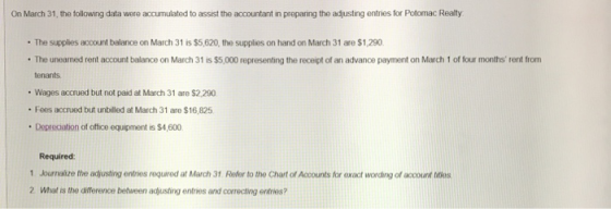 On March 31, the following data were accumulated to assist the accountant in preparing the adjusting entries for Potomac Realty The supplies account balance on March 31 is $5,620, the supplies on hand on March 31 are $1,290 . The uneamed rent account balance on March 31 is $5,000 representing the receipt of an advance payment on March 1 of four months rent from tenants .Wages accrued but not paid at March 31 are $2,290 . Fees accrued but unbilled at March 31 are $16,825 Depreciation of office equipment is $4,600 Required: 1 Journalize the adjusting entnes requred at March 31 Refer to the Chart of Accounts for exact wording of account tities 2 What is the difference between adjusting entries and correcting entries?