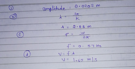 o amplitude = 0·0202 m - tok 25 d = 2.8 8 m 2K f = 0 37 Hz v=fd V= 1065 mis