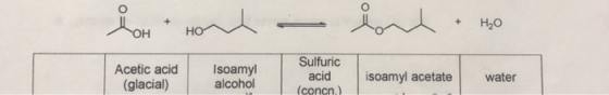 + H2O Sulfuric Acetic acid Isoamyl alcohol acid isoamyl acetatewater (concn.) (glacial)