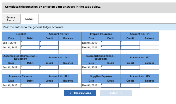 Complete this question by entering your answers in the tabs below. General Ledger Journal Post the entries to the general led