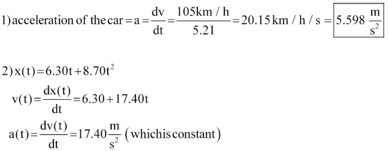 dv 105km / h dt5.21 1) acceleration of the car-a -20. I 5 km/ h / s = 5.598 = 2)x(t) 6.30t +8.70t vt)-xU6.30+17.40t dt a(t) =dy(1)= 17.40 m (whichisconstant) dt