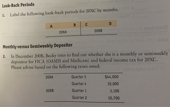 Look-Back Periods 1. Label the following look-back periods for 20XC by months. A B C D 20XA 20XB Monthly versus Semiweekly De