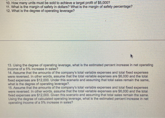 10. How many units must be sold to achieve a target profit of $5,000? 11. What is the margin of safety in dollars? What is th