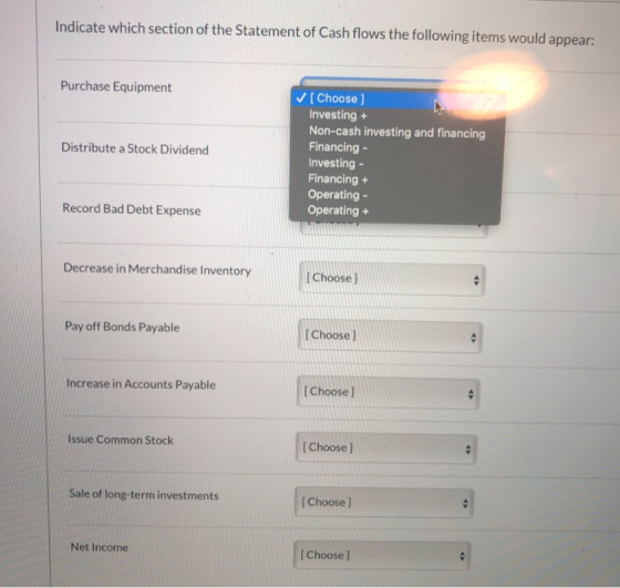 Indicate which section of the Statement of Cash flows the following items would appear: Purchase Equipment Distribute a Stock