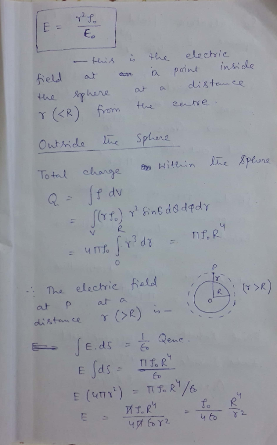 E r² So E. - this is the electric field at an à point inside the sphere at a distance 8 (4R) from the centre. Outside the sph
