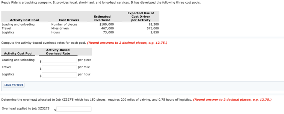 Ready Ride is a trucking company. It provides local, short-haul, and long-haul services. It has developed the following three cost pools. Estimated Overhead Expected Use of Cost Driver r Activit Activity Cost Pool Cost Drivers Loading and unloading Travel Number of pieces Miles driven Hours $100,000 467,000 73,000 92,300 575,000 2,850 Logistics Compute the activity-based overhead rates for each pool. (Round answers to 2 decimal places, e.g. 12.75.) Activity-Based Activity Cost Pooloverhead Rate Loading and unloading s Travel Logistics per piece per mile per hour LINK TO TEXT Determine the overhead allocated to Job XZ3275 which has 150 pieces, requires 200 miles of driving, and 0.75 hours of logistics. (Round answer to 2 decimal places, e.g. 12.75.) Overhead applied to job XZ3275