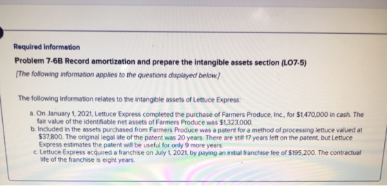 Required information Problem 7-6B Record amortization and prepare the intangible assets section (L07-5) (The following inform