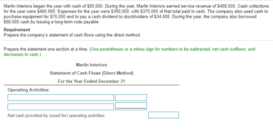 Marlin Interiors began the year with cash of $50,000. During the year, Marlin Interiors earned service revenue of $408,000. C