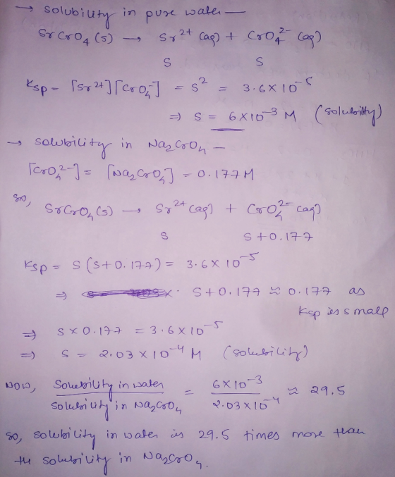 solubility water pure or croq (s) sp 24 Cag] + cror Cop) S S + croh caq? kap- 150 2+] Croj] = s² = 3.68105 - S = 6X103 M (sol