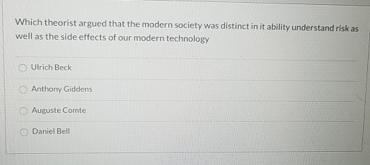 Which theorist argued that the modern society was distinct in it ability understand risk as well as the side effects of our m