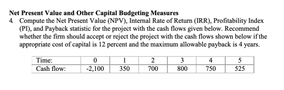 Net Present Value and Other Capital Budgeting Measures 4. Compute the Net Present Value (NPV), Internal Rate of Return (IRR),