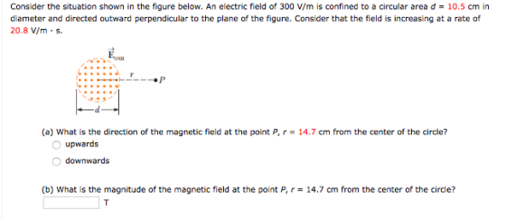 Consider the situation shown in the figure below. An electric field of 300 V/m is confined to a circular area d = 10.5 cm in
