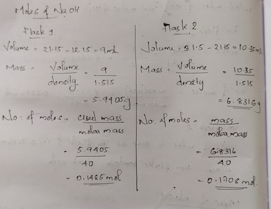Moles of NaOH t o Mask 2 tlask a Volume - 21.15 – 12.15 - Aash Jolume 31.5-2115 = 10.35 Mass - Mass! Volume - 10:35 1.515 1.5