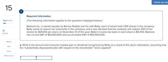 Check my wor Required information [The following information applies to the questions displayed below.] Part 1 of 4 IO Bedroc