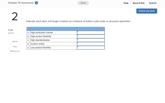 Chapter 15 Homework Saved Help Save & Exit Submit Check my work Indicate each item a through e below as a feature of either a
