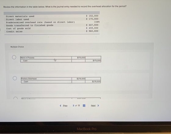 Review the information in the table below. What is the journal entry needed to record the overhead allocation for the period?