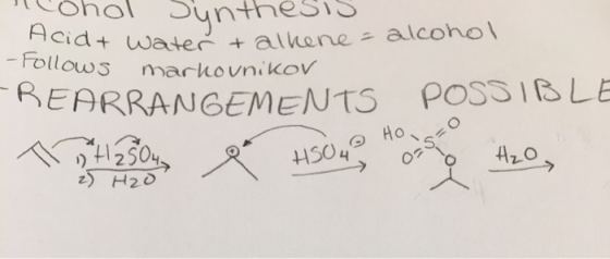 ohol Sunthesis Acidt water talkene = alcohol - Follows markovnikov CREARRANGEMENTS POSSIBLE o Hong A H2504 4504 0 H₂O 2) H2O