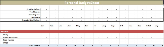 Personal Budget Sheet Starting Balance Total Income Total Expense Net Saving Projected End balance Oct Nov Dec Total Avg May Jul Aug Sep Jun Jan Feb Mar pr Income salary Public Assistance Food Stamps Other 0 Total Income