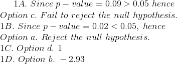 A. Since p-value = 0.09 > 0.05 hence Option c. Fail to reject the null hypothesis. 1 B. Since p-value = 0.02 < 0.05, hence Option a. Reject the null hypothesis. 1C. Option d. 1 lD. Option b. - 2.93