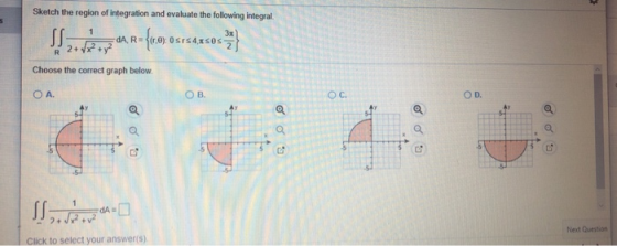 Sketch the region of integration and evaluate the following integral. 5dA, R= {(,0): 05154,150 Choose the correct graph below