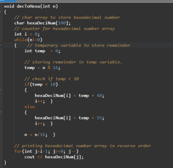 void decToHexa(int n) { // char array to store hexadecimal number char hexadeciNum[100]; // counter for hexadecimal number ar