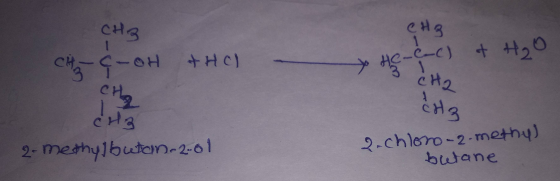 CH3 CH3 He-e-c) CH2 Chaç-OH THOL & H₂O CHA 해3 CH3 2-methylbuten-2-01 2-chloro-2-methy). butane