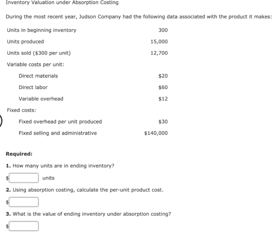 Inventory Valuation under Absorption Costing During the most recent year, Judson Company had the following data associated wi