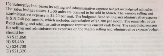 15) Schuepfer Inc. bases its selling and administrative expense budget on budgeted unit sales. The sales budget shows 1,300 u