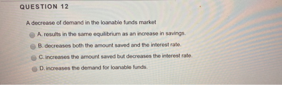 QUESTION 12 A decrease of demand in the loanable funds market A. results in the same equilibrium as an increase in savings. B