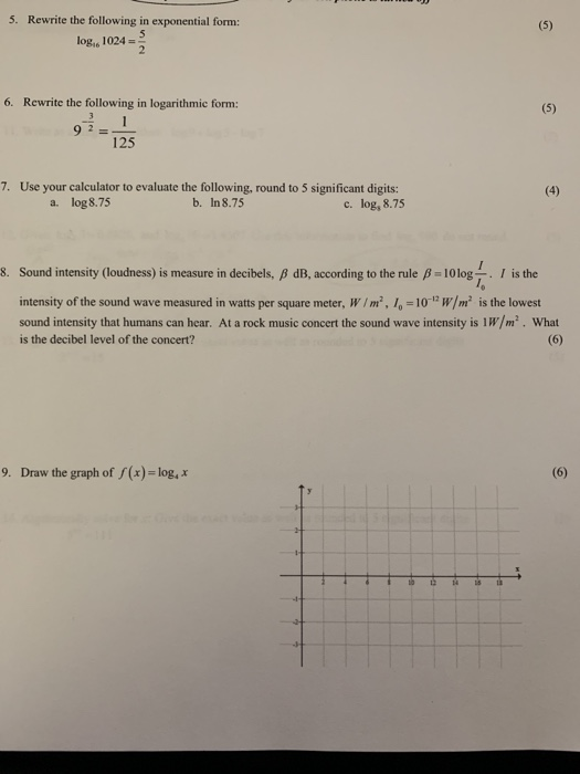 5. Rewrite the following in exponential form: log, 1024 6. Rewrite the following in logarithmic form: 92= 7. Use your calcula