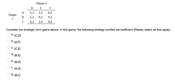 Player II A 5,3 3,5 8,5 Player C 6,3 24 8,9 Consider the strategic form game above. In this game, the following strategy profiles are inefficient (Please, select all that apply) b. (A,F C (C,E) d. (B,E) e (B,D) f. (A,D) . (B,F