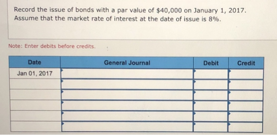 Record the issue of bonds with a par value of $40,000 on January 1, 2017. Assume that the market rate of interest at the date