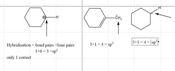 - H 3+1 = 4 = sp 3+1 = 4 = |sp| Hybridisation = bond pairs +lone pairs 3+0 = 3 =sp? only 1 correct
