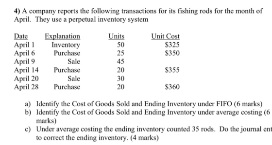 4) A company reports the following transactions for its fishing rods for the month of April. They use a perpetual inventory s