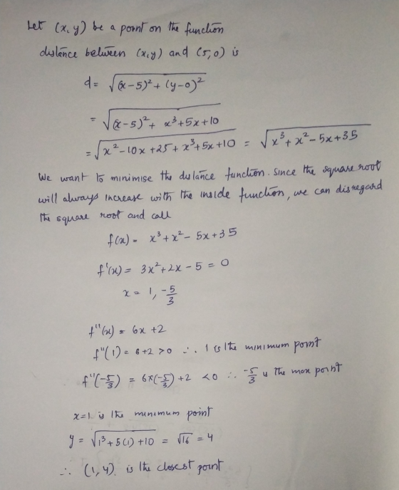 Let (x,y) be a point on the function distance between (ay) and (5,0) is d = √x - 5)²+(4-0)2 V - 5)² + x² + 5x+10 x²+x²–5x+35