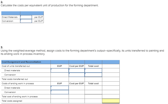 Calculate the costs per equivalent unit of production for the forming department. Direct Materials Conversion version per EUP